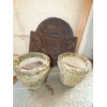 Antique cast iron fireback and pair plant pots 50 x 50 cm