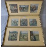 After G D Armour, 9 coloured hunting prints framed as 3, framed and glazed 15x12cm