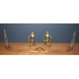 Pair brass fire dogs & Victorian gilt metal fire surround 158Wx39H cm