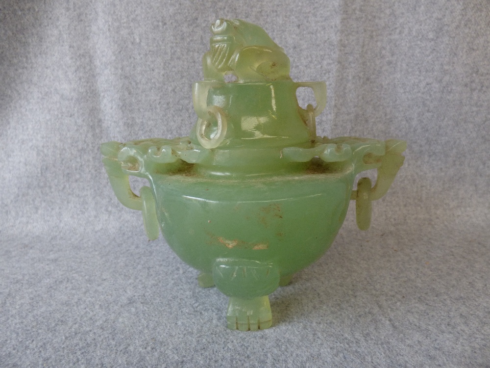 Green jadeite Koro with ring handles, the cover with frog finial