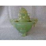 Green jadeite Koro with ring handles, the cover with frog finial