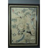 C19th Chinese silk embroidery, woven with phoenix by flowering peony branches, mounted in wood