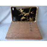 C20th Japanese black lacquered, gilt and canework tray decorated with birds & branches, signed