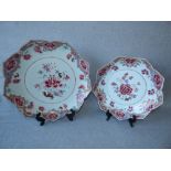 Near matched pair of C18th Chinese famille rose dishes, each with castellated rims, largest, 37cm