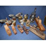 6 antique blow torches, antique brass sprayer & lamp & mixed planes