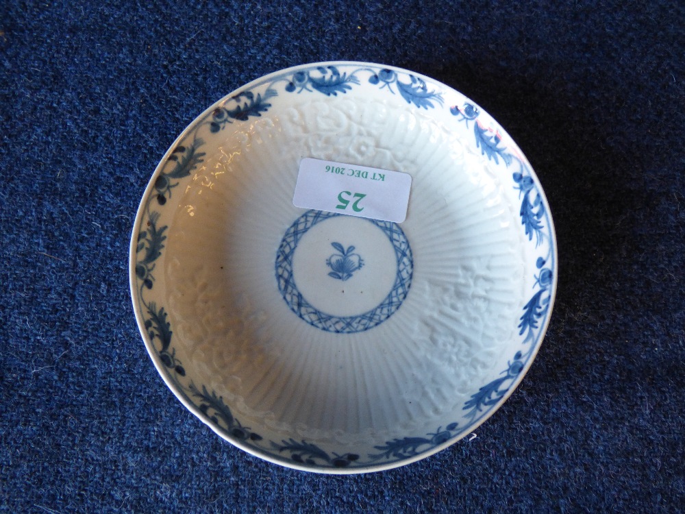 C18th Worcester blue & white saucer with moulded decoration (old collectors label) - Image 2 of 3