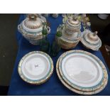 Part dinner service of plates, meat platters, tureens, pair glass decanters