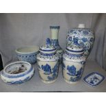 Group of C20th Chinese wares to include baluster vase, pear shaped vase, pair of lidded canisters