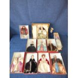 7 Peggy nibet dolls in original boxes in English Historical costumes King Henry VIII figure,