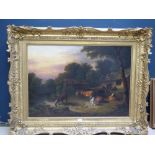 C19th oil on canvas, "cattle in a rural setting" in gilt frame, 120x195cm