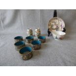 Set of 6 cloisonné napkin rings, C19th Chinese porcelain tea bowl & saucer, & pair of famille rose