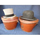 2 leather bucket shaped hat boxes containing bowler & grey top hat