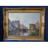 Oil on canvas of a village river scene, signed by S.Dupont 60 cm x 78 cm