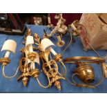 Pair decorative gilt wall lights, 6 branch chandelier, 2 mixed ceiling lights