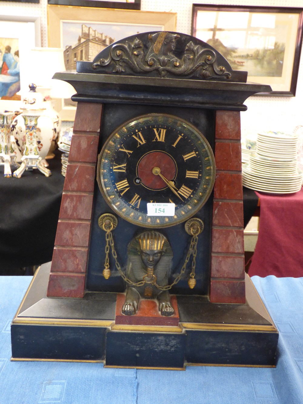 Highly unusual later C19th early C20th marble mantel clock in the Egyptian taste, 43cmH