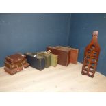 8 mixed vintage suitcases & wooden wine rack