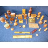 Treen mainly boxwood including; bottle cases, with powderer, chemist measures, roulette wheel,
