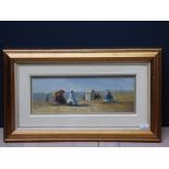 An extensive oil painting of a Victorian beach scene with figures and hut