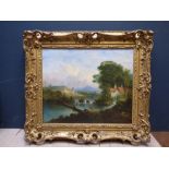 C19th oil on canvas, "lake with watermill", gilt frame, 103x100cm