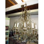 10 branch Chandelier, with brass supports and glass drops