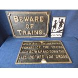 2 cast iron railway signs, London North Eastern Railway, "Beware of trains look both up and down the