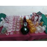 Large qty of glassware including vases, brandy glasses, water jugs, decanters, mixed drinking