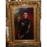 Oil on wood panel, portrait of a Victorian lady 3/4 length in heavy gilt frame by F Consen,