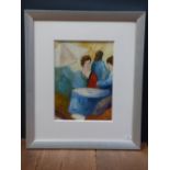 Studio framed oil painting portrait of ladies seated at cafe