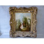 Manner of Watteau, "Courting couples in an Italianate landscape," oil on canvas laid on board,