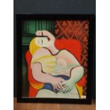 Homage to Pablo Picasso, studio framed portrait image of seated female in abstract