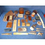 Treen including boxes compass, egg timer on stand, tea caddy