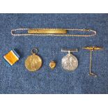 9ct gold sapphire brooch, gold pendant & military medals, George V medal 19-14-1918, The Great War