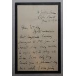 William Gilbert Grace. Gloucestershire & England 1865-1908. Two page handwritten letter, on black