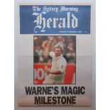 Shane Warne Test wicket milestones. Two original colour newspaper posters celebrating significant