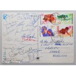 Seoul Olympic Main Stadium 1988'. Original colour postcard, with four Olympic stamps, signed to back