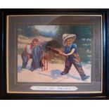 E.P. Kinsella. 'Now or Never'. Large original colour print showing two boys playing cricket, a boy