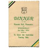 Australian tour of England 1934. 'Dinner to greet the Australian Touring Side'. Scarce original menu