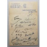 M.C.C. tour of Australia 1936/37. Official Lord's headed page signed by all eighteen of the