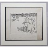 Vitai Lampada'. Henry Newbolt. Original pen and ink illustration, c1900, of a young cricketer