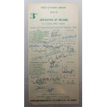 Ireland 1952. Official Irish Cricket Union score card for Gentlemen of Ireland v M.C.C. played at