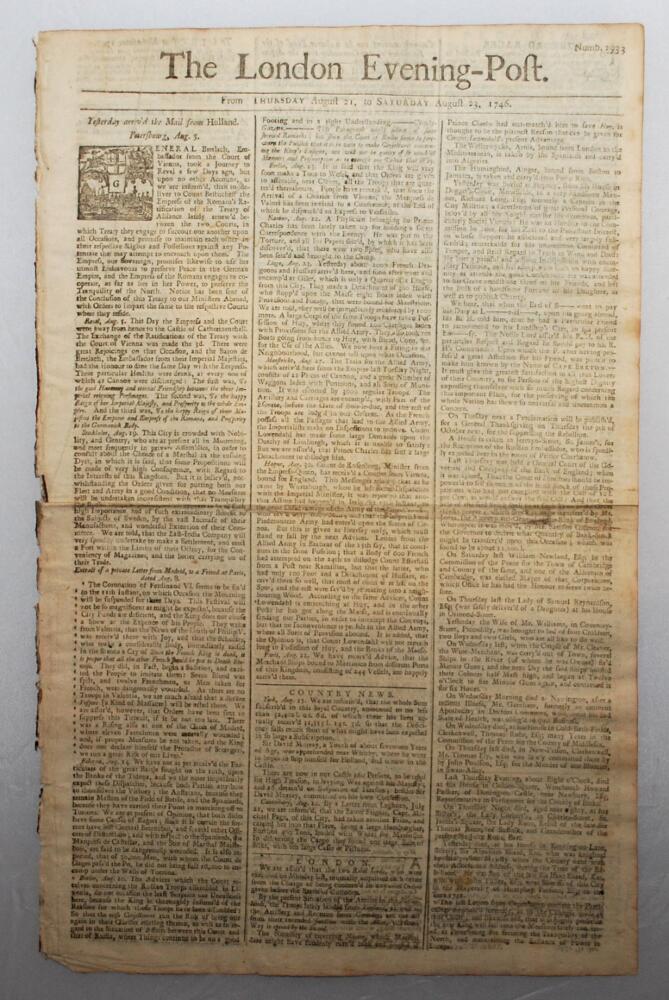 The London Evening Post'. Early and original four page newspaper for 21st to 23rd August 1746,