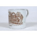 Victorian cricket mug. Small ceramic mug with sepia village cricket scene of boys playing cricket,