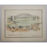 Jack Hobbs Christmas Card, 1936/37. Card with a colour engraving of Sydney Harbour Bridge to front