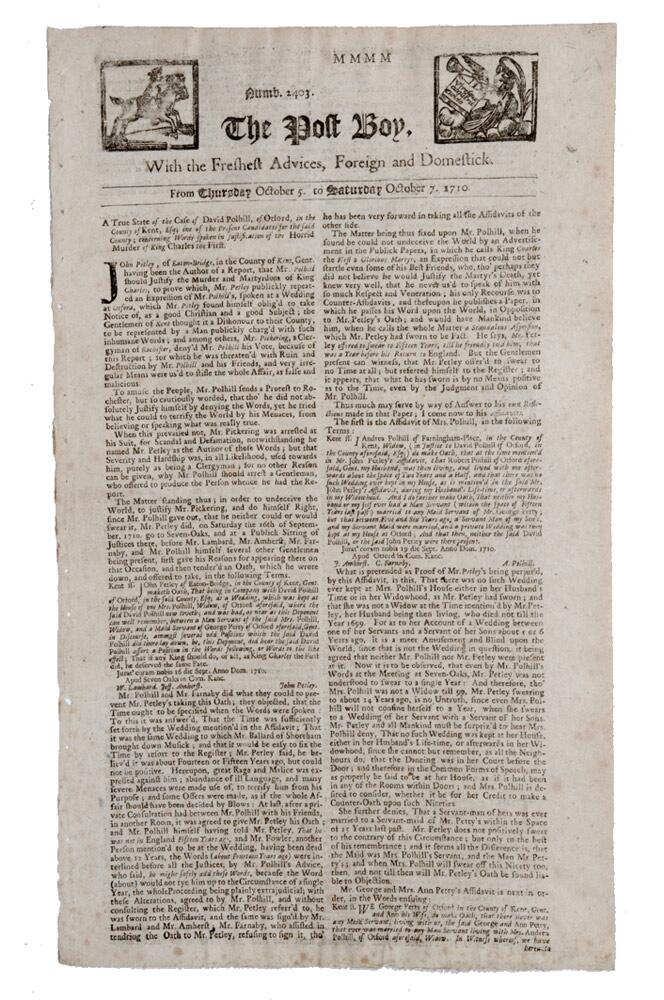 The Post Boy'. Early and original one page, two sided newspaper for 5th to 7th October 1710, printed