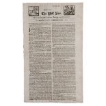 The Post Boy'. Early and original one page, two sided newspaper for 5th to 7th October 1710, printed