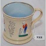 Staffordshire 4.25" waisted cricket mug with strap handle and beaded rim, with cream background