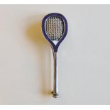 Tennis badge c1930's(?). Silver metal pin badge in the form of a tennis racket with blue enamel