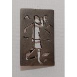 Golf brooch/pin badge. Silver metal rectangular brooch/pin badge with a stylised cut out image of