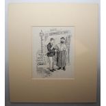 Joblot & Sons'. Original pen and ink drawing depicting a youth wearing a blazer and with a cricket