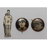 Cricket badges. Two mono circular lapel button/badges of S.G. Barnes and J.H. Fingleton. Some